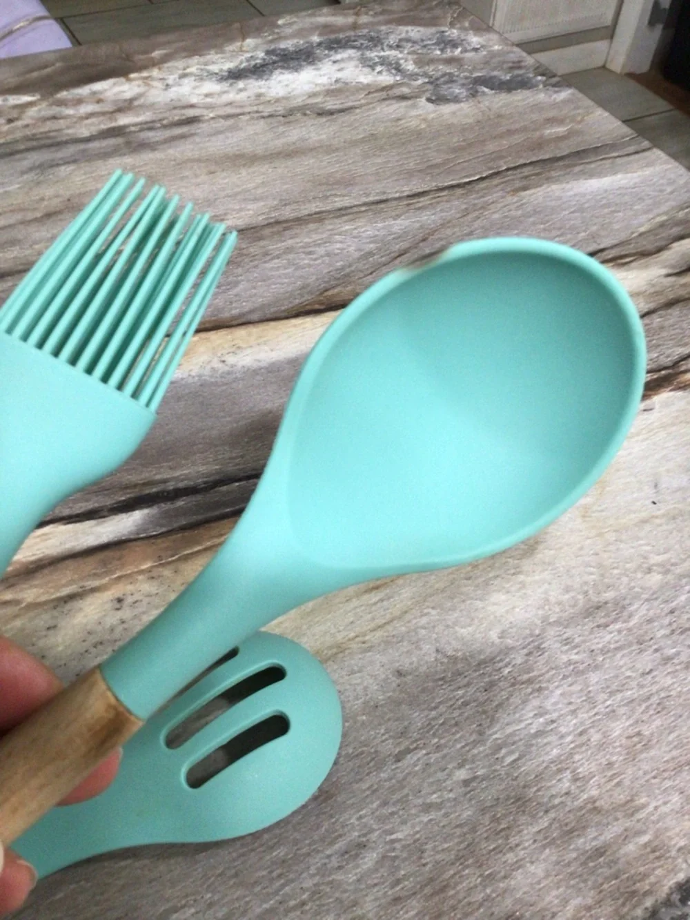 MIBOTE 3pc Silicone Kitchen Utensil Set Teal Wood Handle Spoon Brush BPA Free.